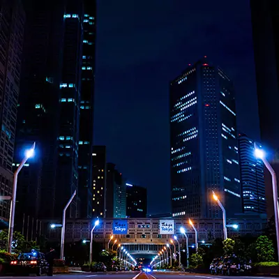 a smart-city in the night with road lights on