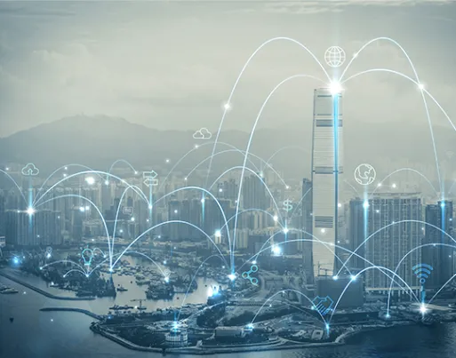 A cityscape with futuristic digital connectivity lines and symbols illustrating a smart city with integrated technological solutions.